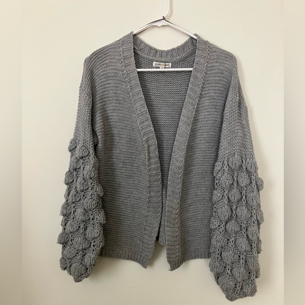 Woven Heart gray cardigan with funky textured belle sleeves